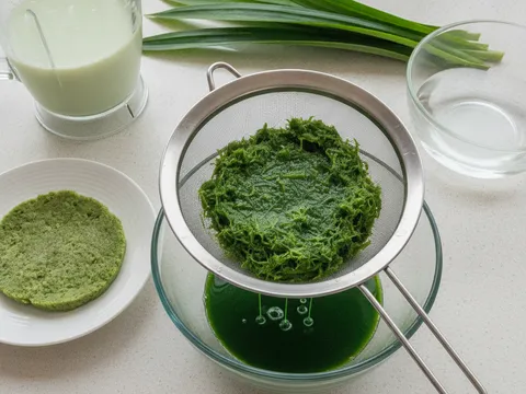 Air pandan hijau pekat ditapis melalui penapis halus ke dalam mangkuk, hampas daun pandan di tepi