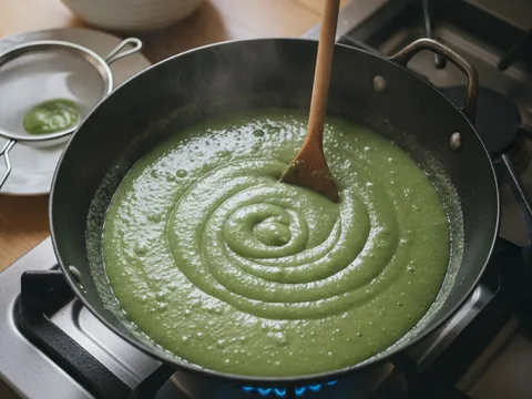 Adunan tepung pandan hijau pekat dikacau dengan senduk kayu dalam kuali di atas dapur