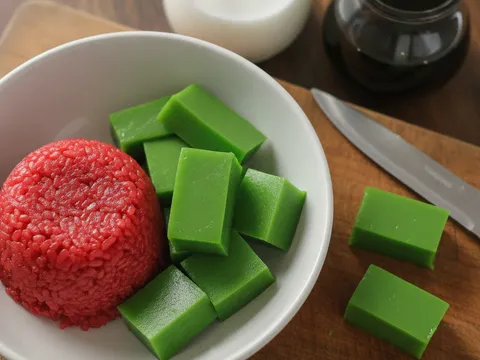 Potongan lapisan pandan hijau disusun dalam mangkuk putih dengan pulut merah di sisi, belum disiram kuah