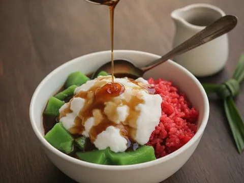 Air nise gula melaka disiram ke atas kuih lompat tikam dalam mangkuk, senduk kecil terletak di tepi mangkuk, pulut merah dan kepala santan kelihatan