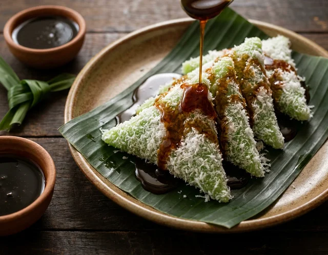 Kuih lopes segi tiga hijau pandan bersalut kelapa parut, disiram sirap gula melaka pekat di atas pinggan beralas daun pisang