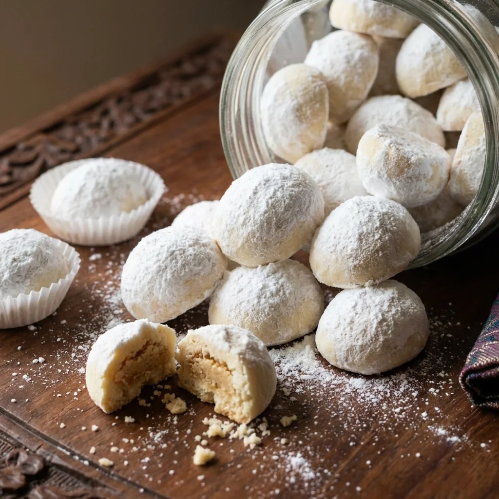 Kuih makmur bujur bersalut tebal gula aising putih bertimbun dalam balang kaca, satu biji dibelah menampakkan inti kacang tanah kisar