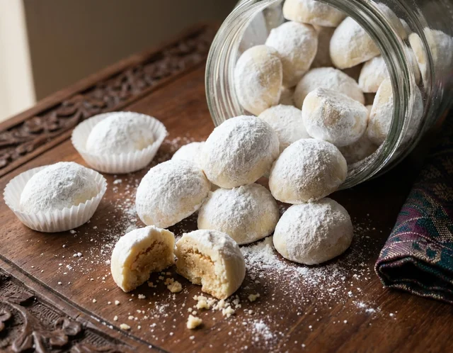 Kuih makmur bujur bersalut tebal gula aising putih bertimbun dalam balang kaca, satu biji dibelah menampakkan inti kacang tanah kisar