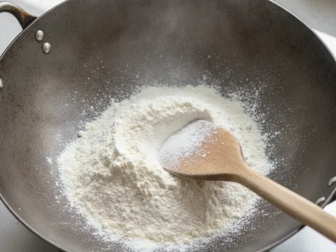 Tepung gandum putih disangai dalam kuali kering di atas api kecil sambil dikacau dengan senduk kayu