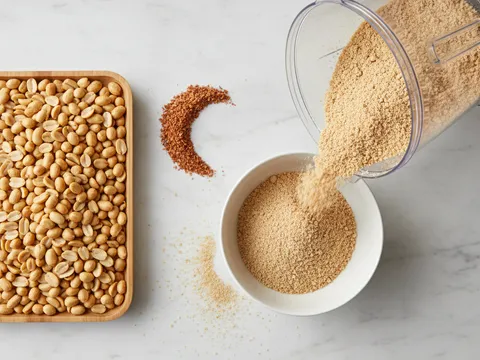 Kacang tanah sangai dibuang kulit ari dan dikisar halus dalam pengisar kering, dituang ke dalam mangkuk