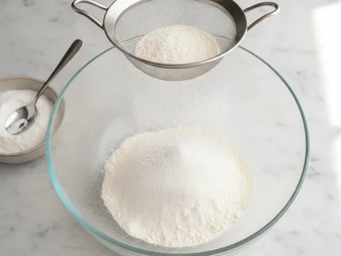 Tepung gandum sangai dan gula aising diayak bersama melalui penapis halus ke dalam mangkuk besar
