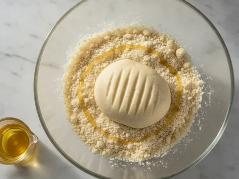 Tangan menggenggam doh kuih makmur berwarna gading dalam mangkuk untuk menguji sama ada ia boleh dikepal