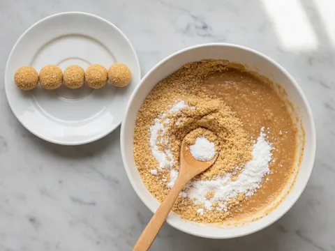 Kacang tanah kisar digaul dengan gula aising dalam mangkuk lalu dibulatkan kecil-kecil sebagai inti