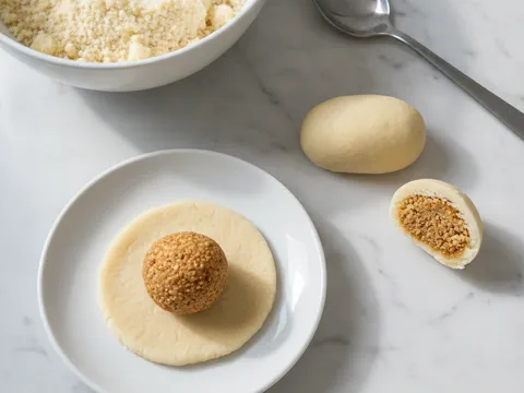 Doh kuih makmur dileperkan di tapak tangan dan diisi inti kacang tanah sebelum dibentuk bujur