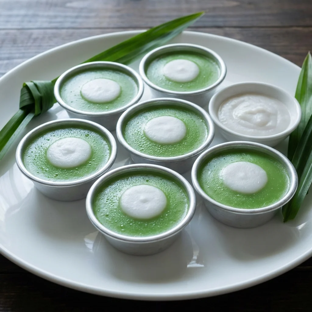 Kuih nona manis hijau pandan berinti putih santan dalam acuan lompang kecil, disusun atas pinggan bersama daun pandan