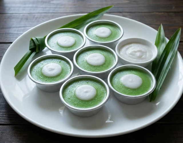 Kuih nona manis hijau pandan berinti putih santan dalam acuan lompang kecil, disusun atas pinggan bersama daun pandan