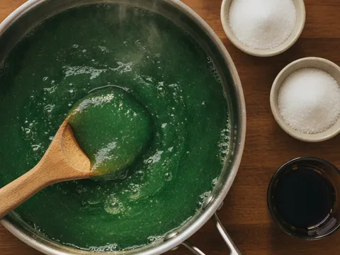 Lapisan hijau dimasak dalam periuk sehingga berkilat dan pekat berwarna hijau pandan