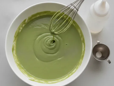 Adunan hijau pekat dan licin dalam mangkuk besar, whisk terletak di tepi dan botol tuang kosong di sisi