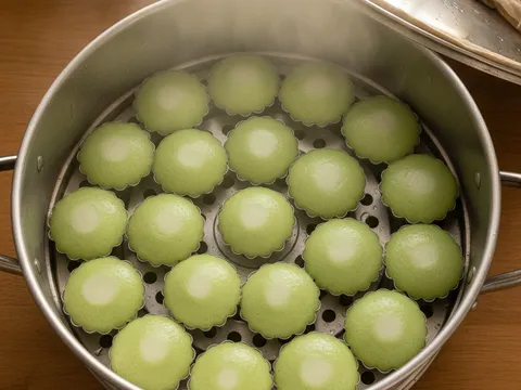 Acuan lompang berisi kuih nona manis disusun dalam pengukus yang berwap