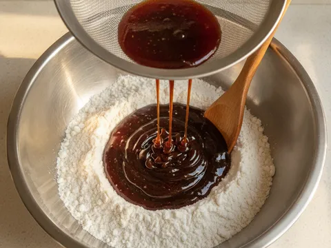 Air gula merah panas ditapis ke dalam mangkuk besar berisi tepung beras melalui penapis di atasnya, dengan senduk kayu dalam adunan yang mula menjadi pes pekat