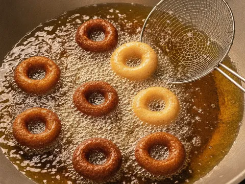 Kuih peneram berbentuk cincin digoreng dalam minyak panas berbuih sehingga perang keemasan