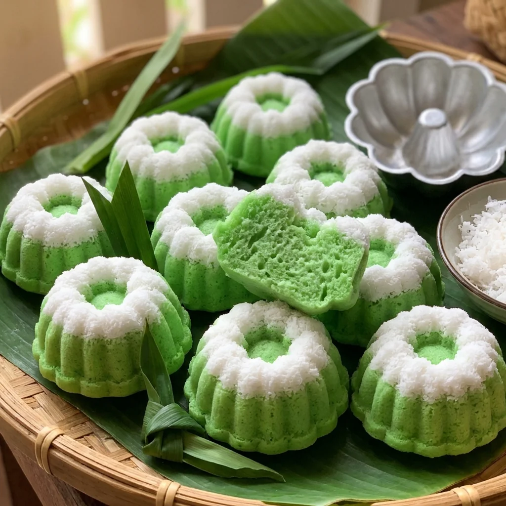 Kuih puteri ayu hijau berbentuk bunga dengan lapisan kelapa parut putih di atasnya, disusun atas dulang anyaman