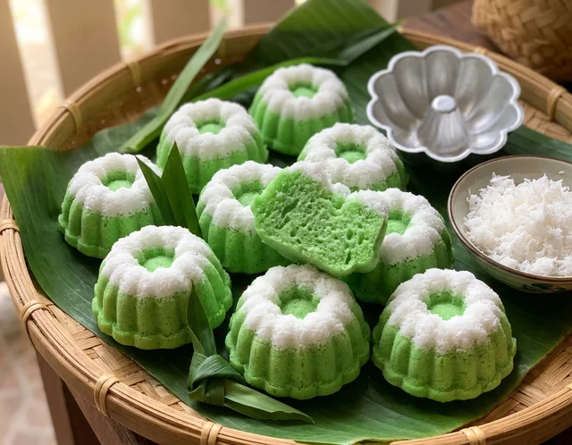 Kuih puteri ayu hijau berbentuk bunga dengan lapisan kelapa parut putih di atasnya, disusun atas dulang anyaman