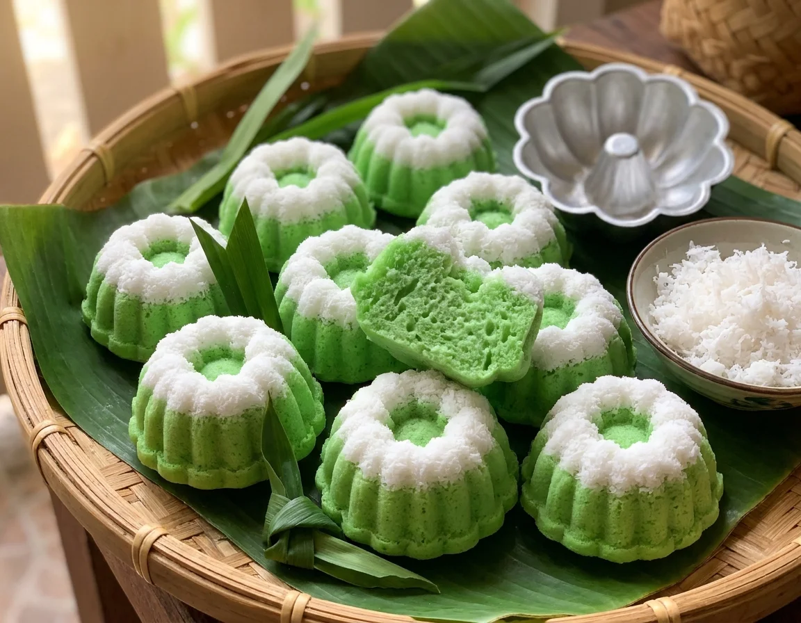 Kuih puteri ayu hijau berbentuk bunga dengan lapisan kelapa parut putih di atasnya, disusun atas dulang anyaman