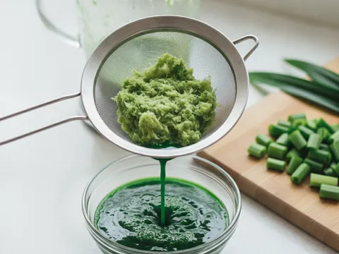 Daun pandan dipotong pendek dikisar dengan air lalu ditapis menjadi jus pandan hijau pekat dalam mangkuk