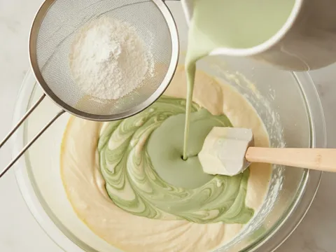 Tepung diayak masuk ke dalam adunan telur berselang-seli dengan santan pandan hijau, dikaup balik dengan senduk