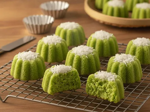 Kuih puteri ayu diterbalikkan keluar dari acuan dengan lapisan kelapa parut putih berada di sebelah atas