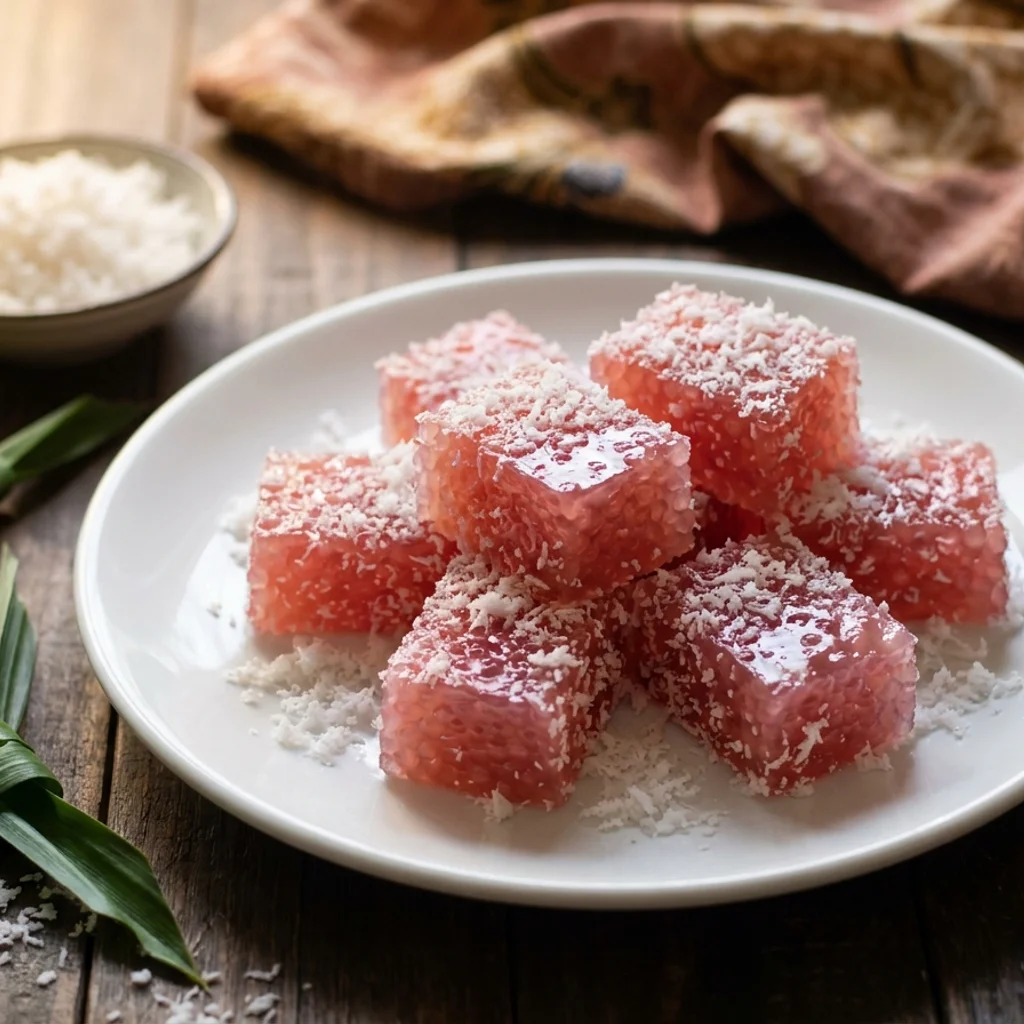 Kuih sagu merah berbentuk potongan segi empat bersalut kelapa parut putih bergaram, tersusun di atas pinggan putih dengan biji sagu jernih kelihatan pada permukaan potongan