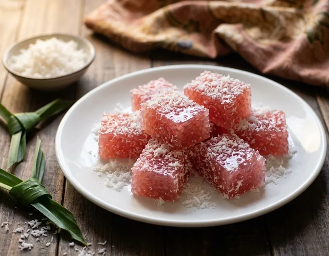Kuih sagu merah berbentuk potongan segi empat bersalut kelapa parut putih bergaram, tersusun di atas pinggan putih dengan biji sagu jernih kelihatan pada permukaan potongan