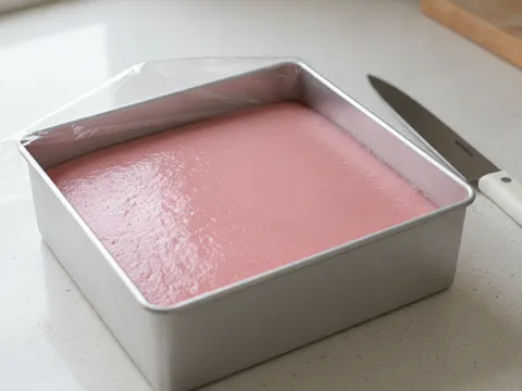 Kuih sagu merah yang telah sejuk dan pejal di dalam loyang, sedia untuk dipotong