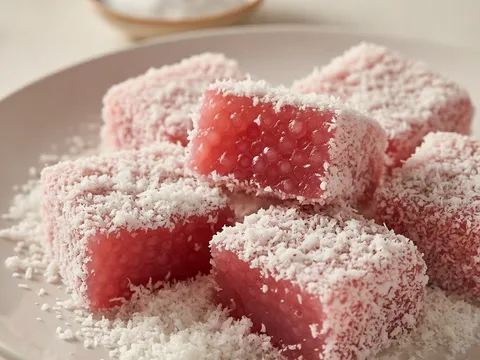 Ketul kuih sagu merah digolekkan dalam kelapa parut putih bergaram di atas pinggan