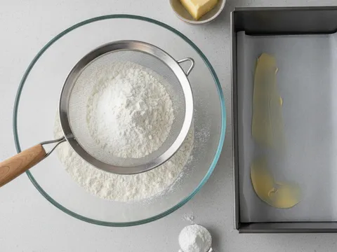Tepung gandum dan soda bikarbonat diayak bersama ke dalam mangkuk di sebelah loyang yang sudah dilapik kertas baking