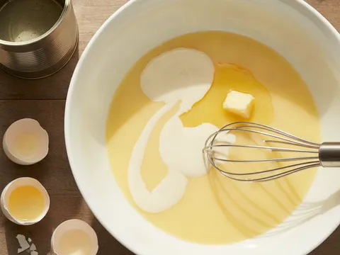 Telur, susu pekat manis dan mentega cair dikacau dengan pemukul tangan di dalam mangkuk besar