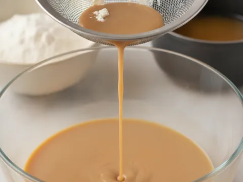 Adunan kuih sarang semut berwarna perang cair ditapis melalui penapis halus ke dalam mangkuk