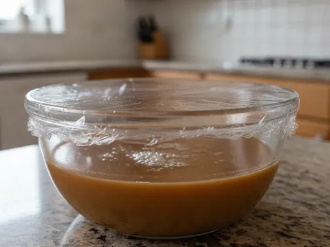 Mangkuk berisi adunan kuih sarang semut ditutup pembalut plastik dan diperap di atas meja dapur