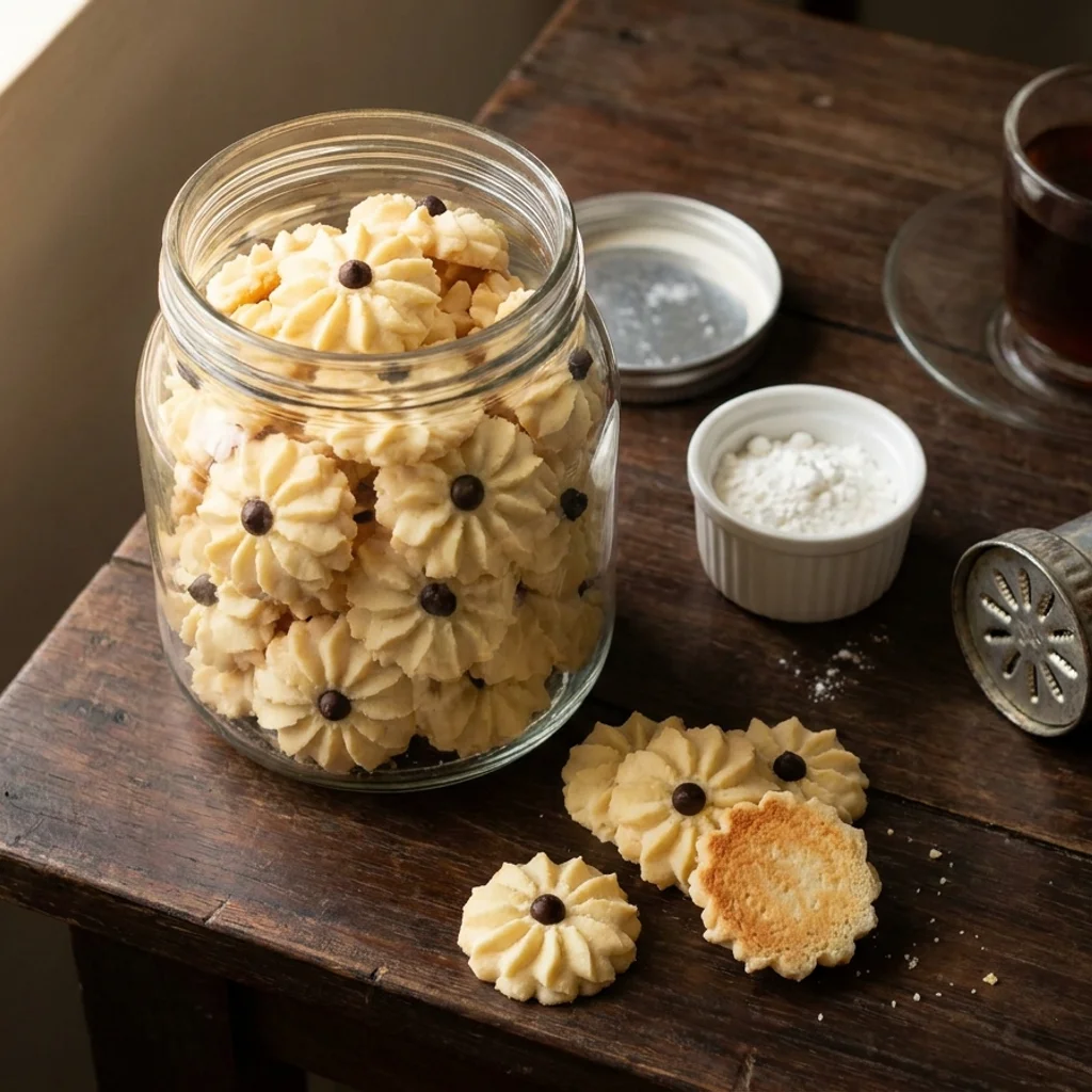 Kuih semperit susu berbentuk bunga dahlia bertimbun dalam balang kaca terbuka, warna kuning pucat dengan coklat chip di tengah setiap bunga