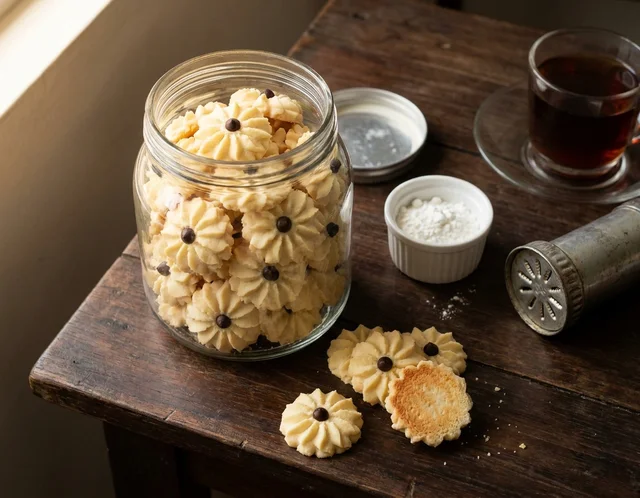 Kuih semperit susu berbentuk bunga dahlia bertimbun dalam balang kaca terbuka, warna kuning pucat dengan coklat chip di tengah setiap bunga