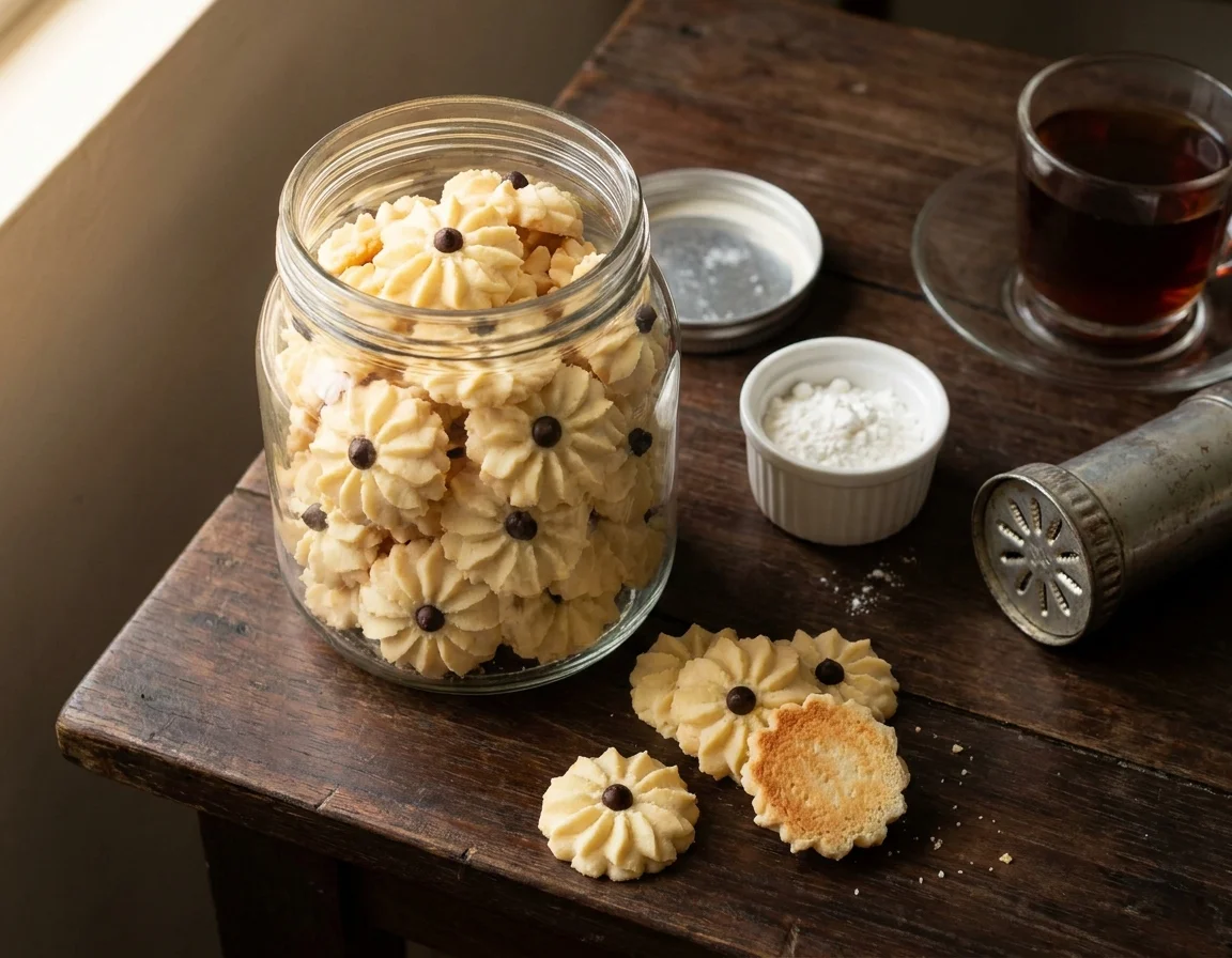 Kuih semperit susu berbentuk bunga dahlia bertimbun dalam balang kaca terbuka, warna kuning pucat dengan coklat chip di tengah setiap bunga