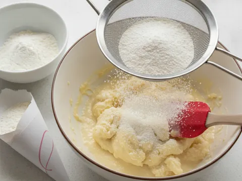 Tepung jagung digaul sedikit demi sedikit ke dalam adunan mentega dan susu pekat sehingga menjadi doh lembut