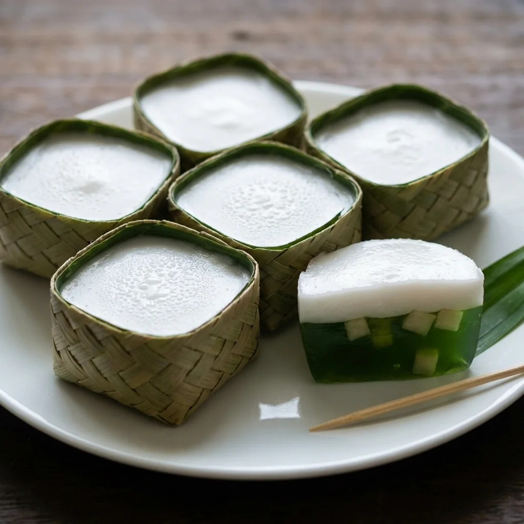 Kuih tako dua lapisan dalam kotak daun pandan — lapisan pandan hijau dengan sengkuang di bawah, lapisan santan putih di atas, tersusun atas pinggan
