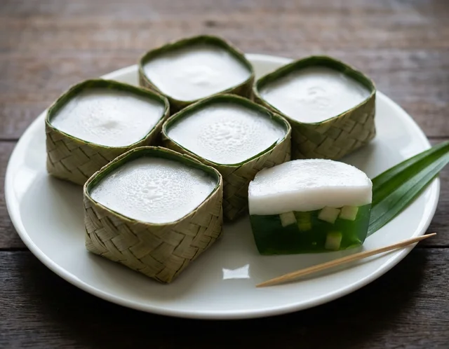 Kuih tako dua lapisan dalam kotak daun pandan — lapisan pandan hijau dengan sengkuang di bawah, lapisan santan putih di atas, tersusun atas pinggan