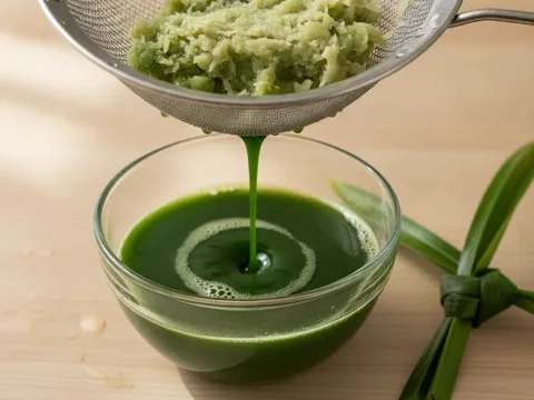 Jus pandan hijau ditapis melalui penapis halus ke dalam mangkuk, dengan hampas daun pandan di dalam penapis