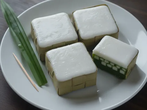 Kuih tako sejuk dua lapisan tersusun atas pinggan, satu ketul dibelah menampakkan lapisan pandan bersengkuang