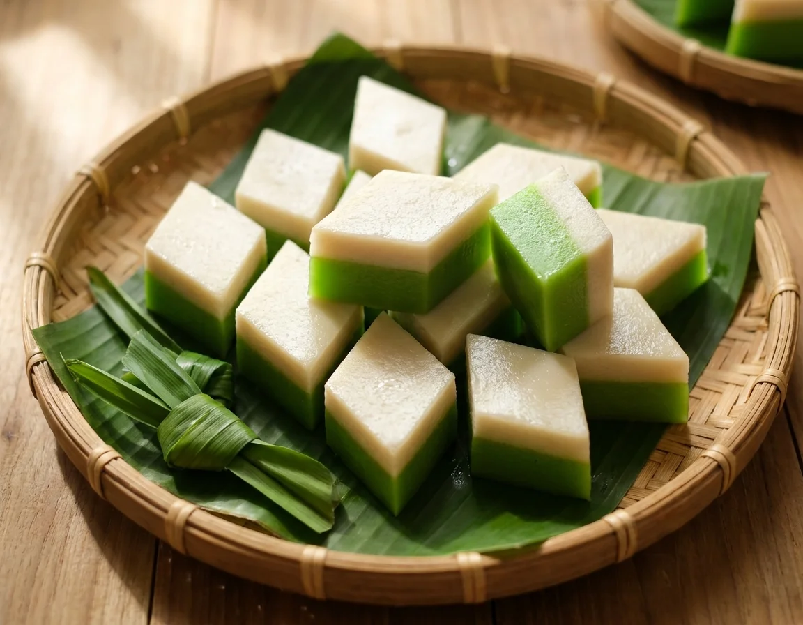 Potongan kuih talam pandan dua lapis — lapisan bawah hijau pandan dan lapisan atas santan putih — disusun di atas daun pisang