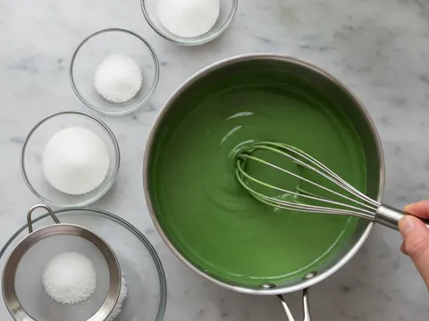 Adunan hijau pandan dikacau dengan whisk dalam periuk sehingga licin tanpa ketulan