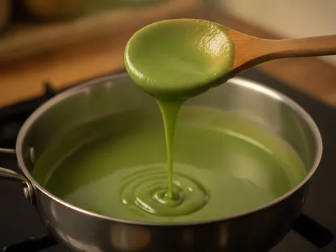 Adunan pandan hijau dimasak atas api kecil sehingga sedikit pekat dan menyaluti senduk kayu