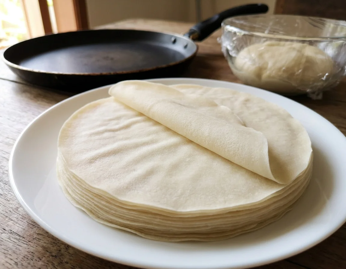 Timbunan kulit popia homemade nipis berwarna putih pucat di atas pinggan, sekeping diangkat menunjukkan tekstur lembut dan nipis