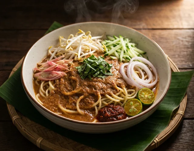Semangkuk laksa Johor dengan spaghetti disirami kuah ikan pekat, dihias taugeh, timun, bunga kantan dan sambal belacan
