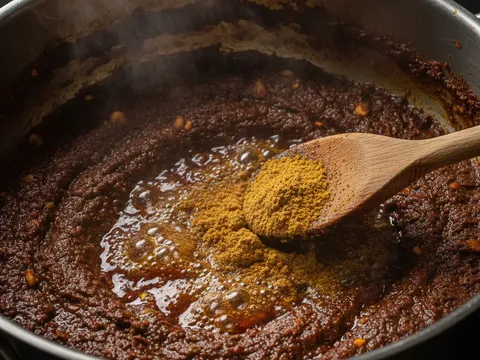 Rempah kisar laksa Johor ditumis dalam periuk sehingga pecah minyak berwarna merah gelap