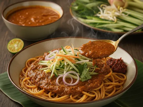Laksa Johor lengkap dihidangkan dalam mangkuk dengan kuah pekat, ulam segar, sambal belacan dan limau kasturi