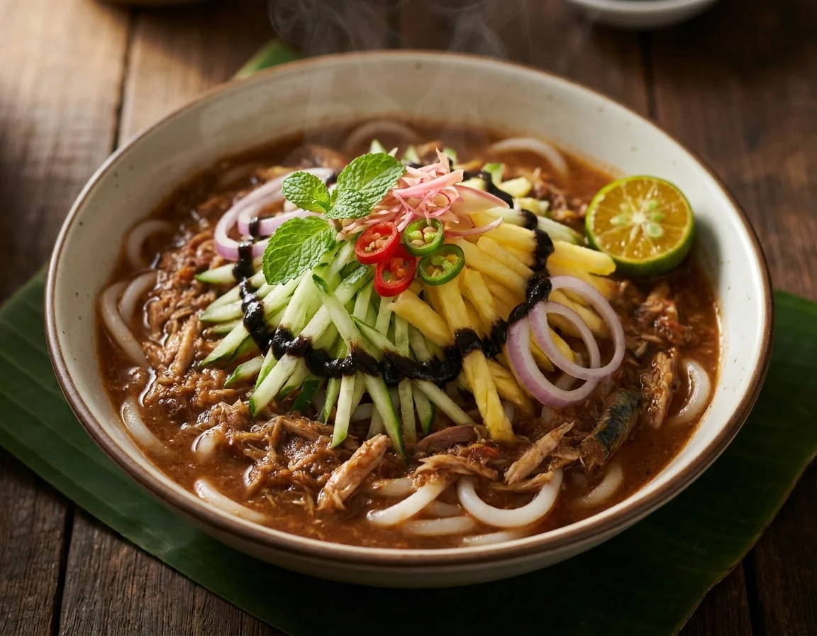 Semangkuk laksa penang dengan kuah asam ikan kembung pekat, ulam timun, nanas, bawang, pudina dan hirisan bunga kantan